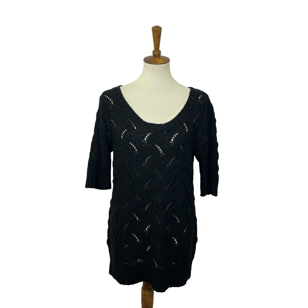 ELLE Womens Pullover Sweater Tunic Length Short Sleeved Black Shimmer Size L NWT